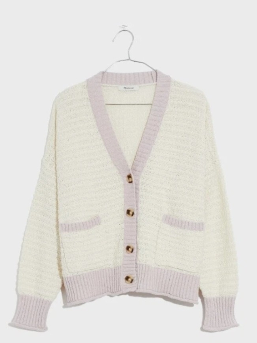 Madewell Seabrook Cream & Lilac V-Neck Cardigan Sweater W/Front Pockets Sz M